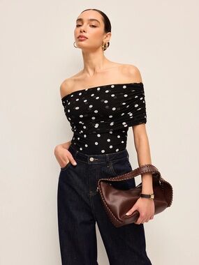 COMMENSE Polka Dot Off-Shoulder Bodysuit - size Medium